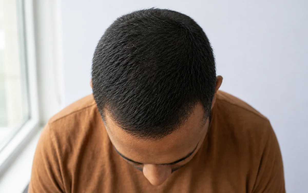 The same crown covered by a custom hair patch, cut and styled