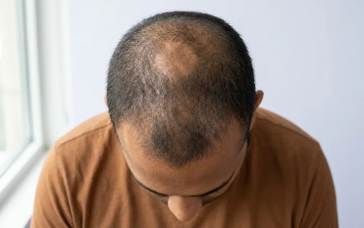 Crown and mid-scalp thinning before a hair system is fitted