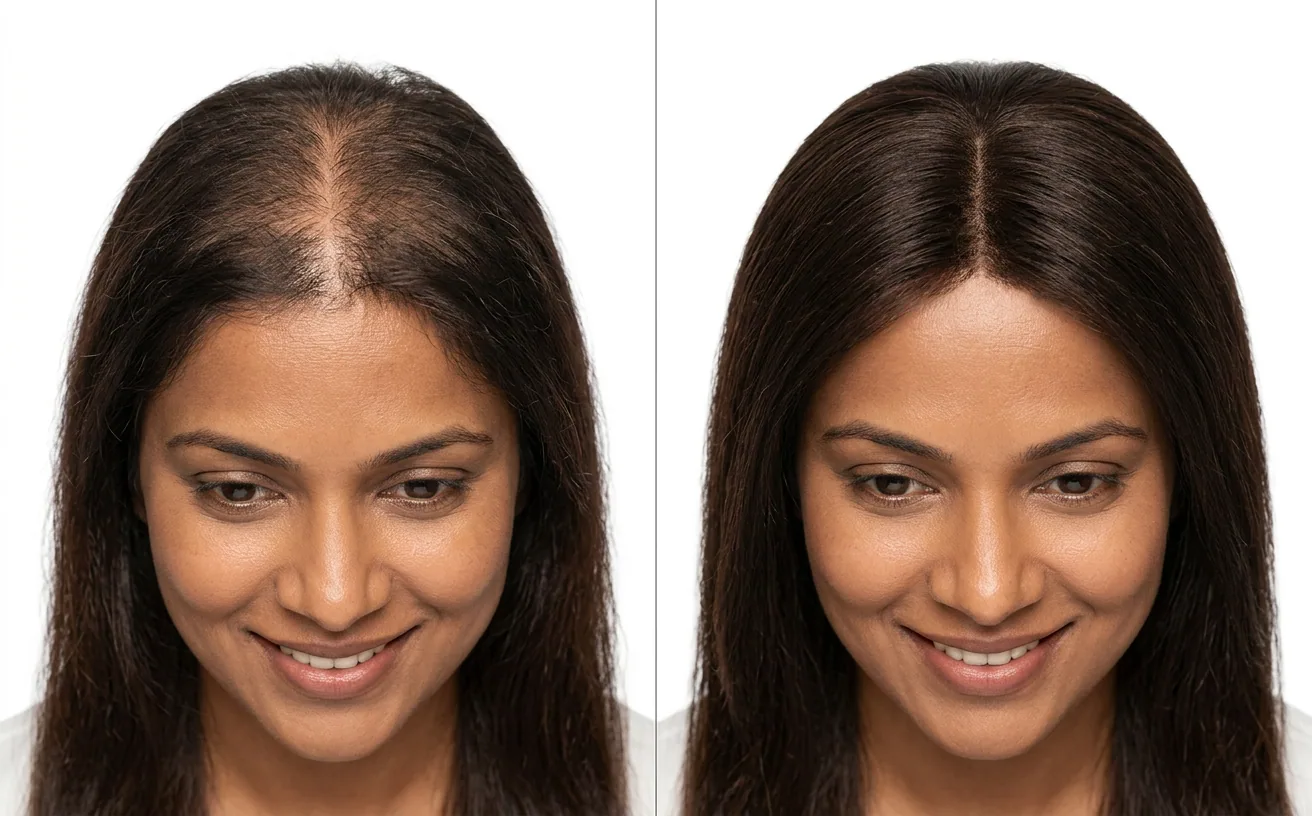 A widened parting compared with a full one after a topper