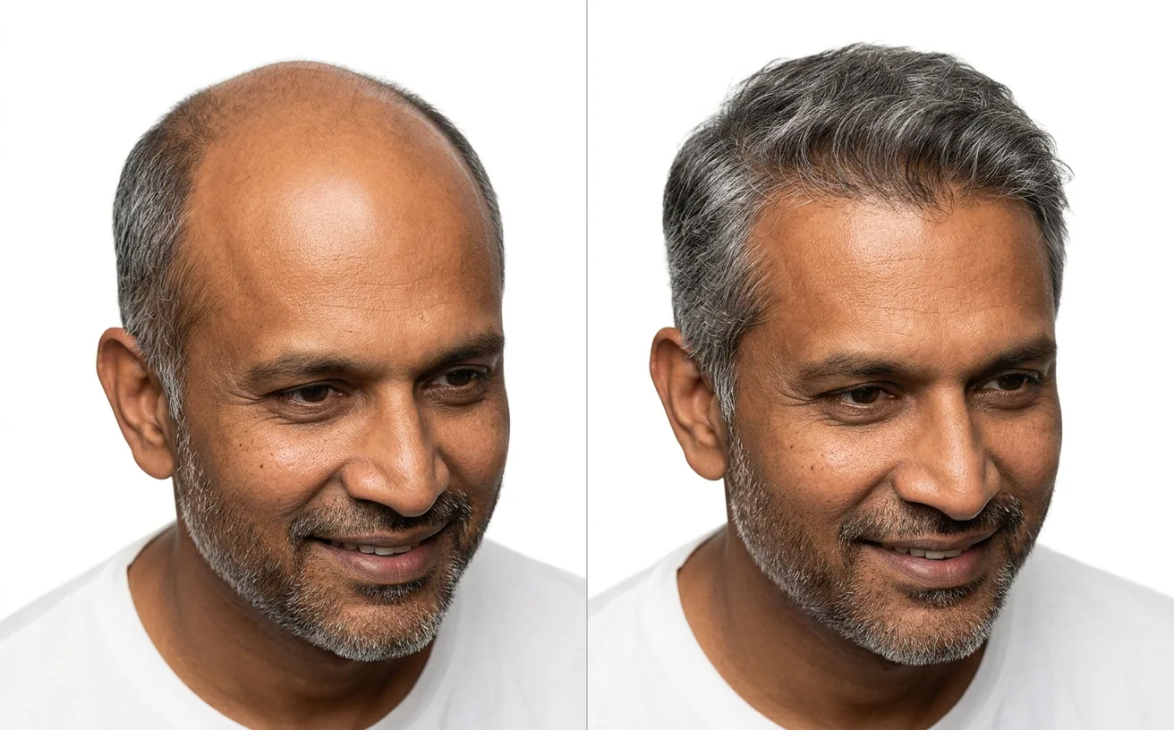Advanced hair loss compared with a salt-and-pepper hair system