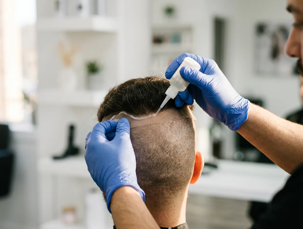 Medical-grade adhesive being applied to bond a hair system