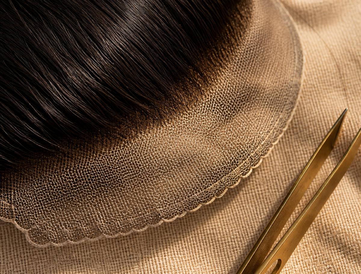 A hand-knotted custom hair patch on a lace base