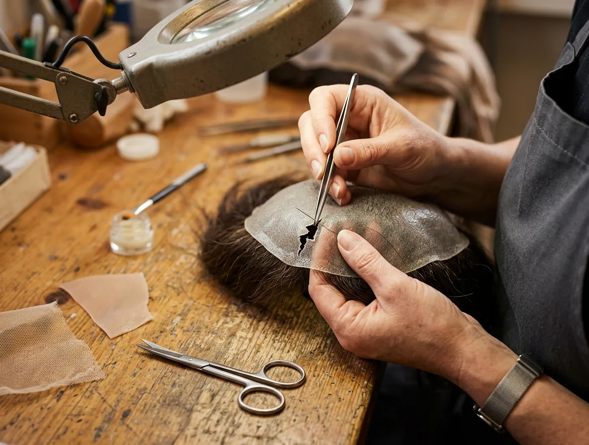 A hair system base being repaired under a magnifying lamp