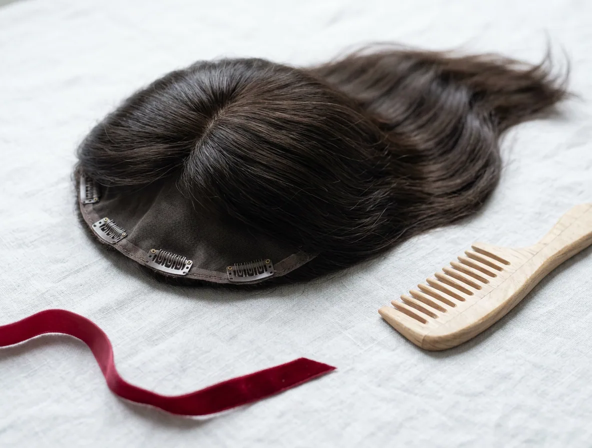 A women's silk-top hair topper with clips