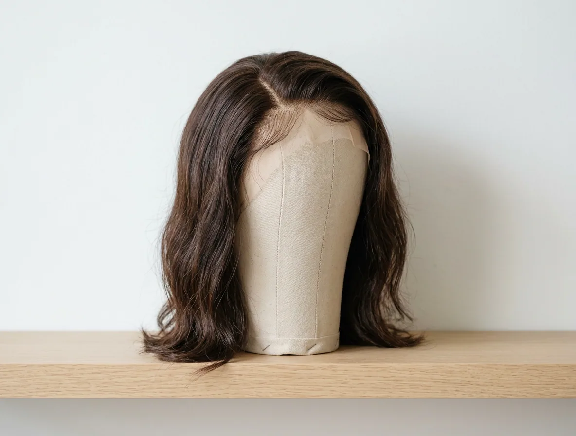 A full custom human hair wig on a canvas block
