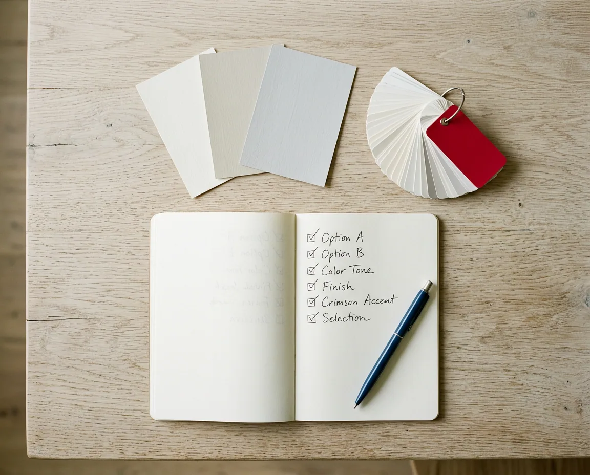 Base swatches, a colour ring and a handwritten checklist