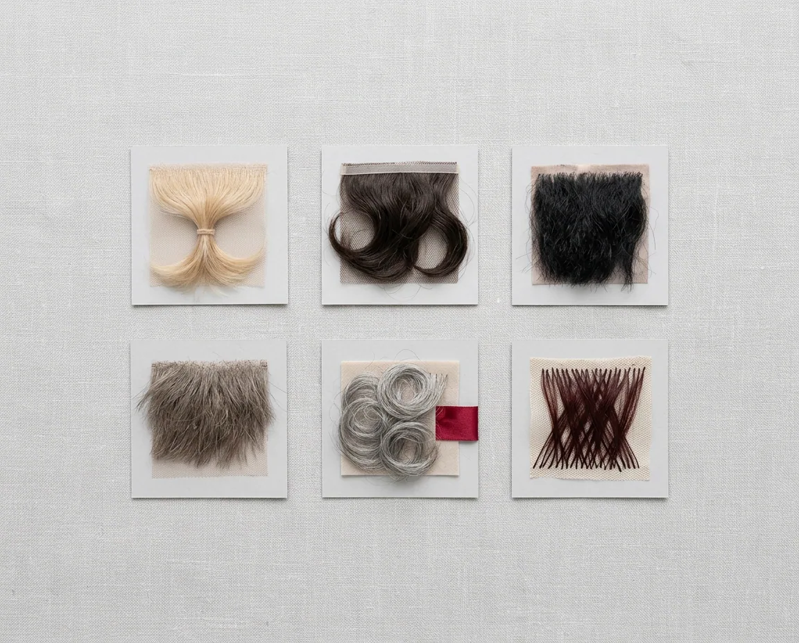 A grid of hair-system base and hair swatches