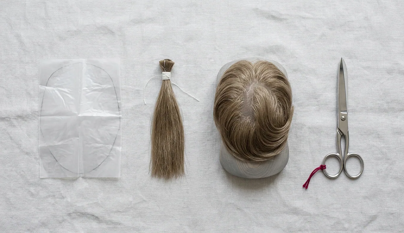 Template, hair bundle, finished system and scissors in sequence