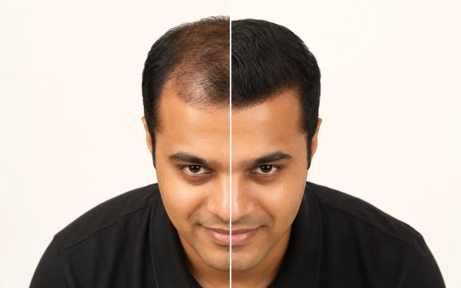 The same man shown with thinning hair on one side and a fitted hair system on the other