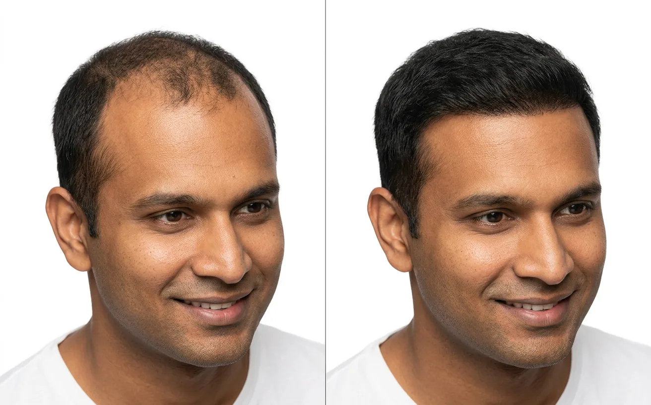 The same man in three-quarter view: diffuse frontal and crown thinning on the left, the same head with a fitted hair system on the right