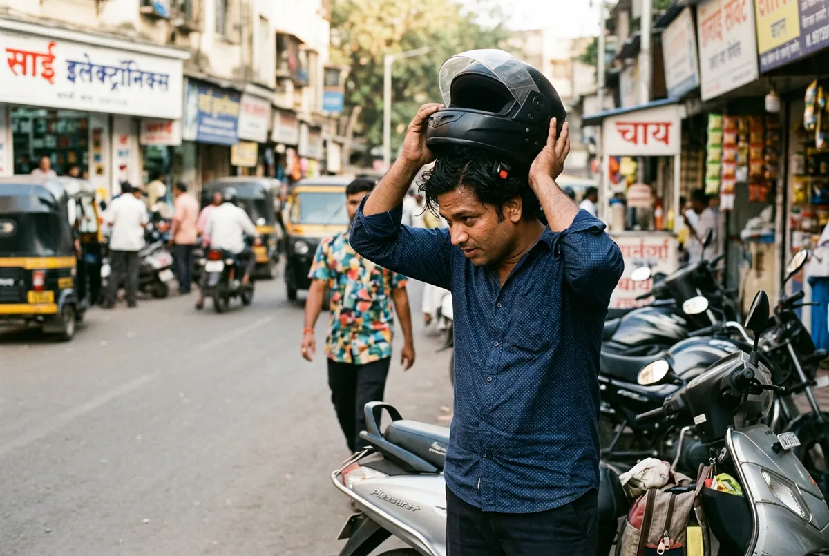 A rider removing a helmet with his hairline intact